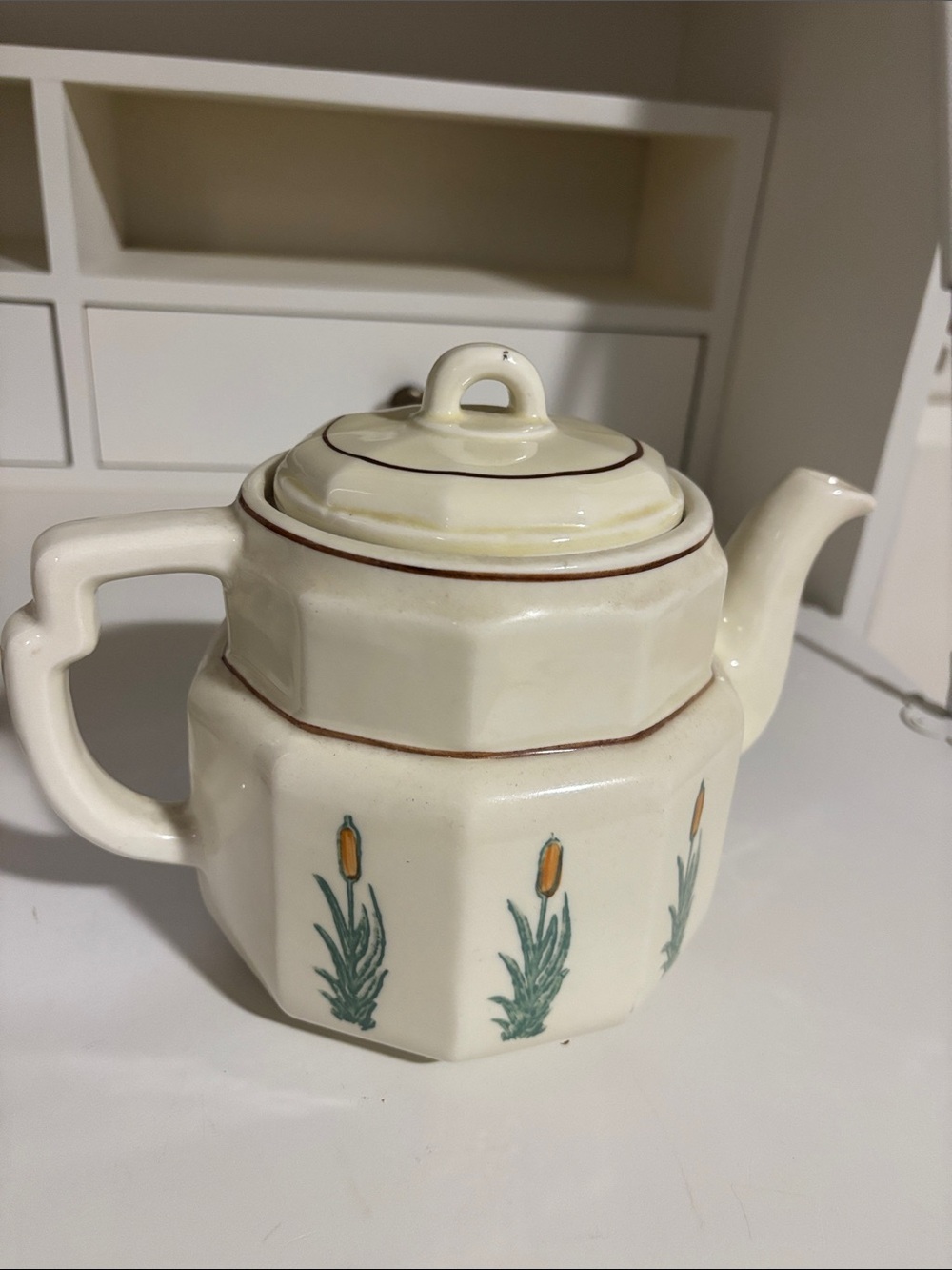 Vintage Porcelier Cattails Cream Ceramic Teapot